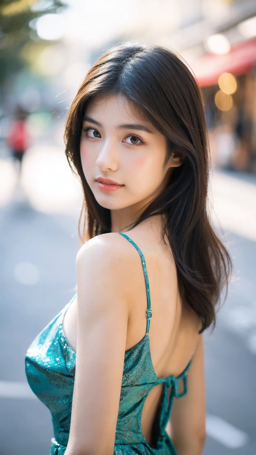 ((Best quality, 8K, masterpiece:1.3))，1girl，18 years old，Asian，Real texture:1.3，(Background blur:1.1)，Dress Up，Tall and slender figure:1.2，(Hot summer weather)，（street:1.3），Highly detailed face and skin textures，Exquisite eyes，Long eyelashes，Double eyelids，Skin Whitening，happy，Various postures，Big breasts