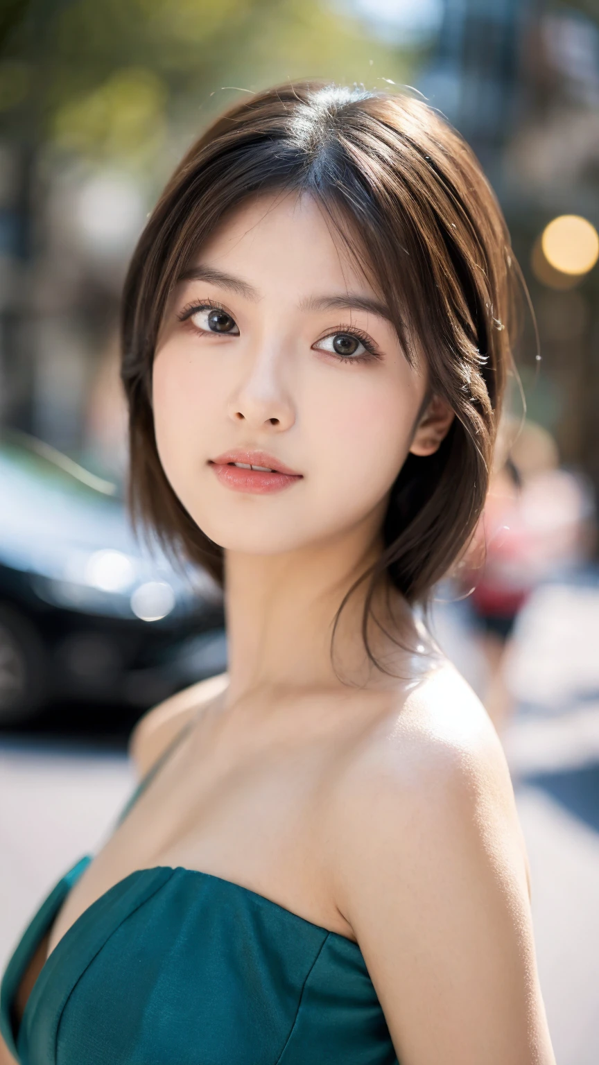 ((Best quality, 8K, masterpiece:1.3)),1girl,18 years old,Asian,Real texture:1.3,(Background blur:1.1),Dress Up,Tall and slender figure:1.2,(Hot summer weather),(street:1.3),Highly detailed face and skin textures,Exquisite eyes,Long eyelashes,Double eyelids,Skin Whitening,happy,Various postures,Big breasts