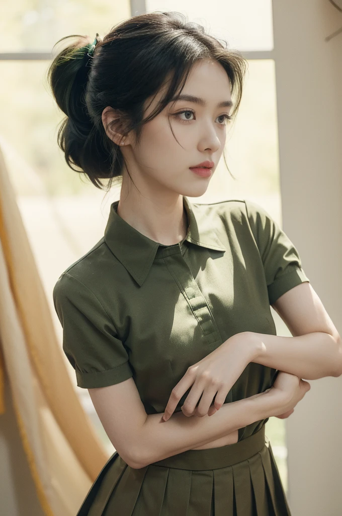 (((best quality))),(((ultra detailed))),(((masterpiece))),illustration,((1 beautiful young girl,female soldier,solo)),(short black ponytail:1.2),((slim,thin)),((small breasts,flat chest)),determined,professional,demeanor,(light green collared short-sleeved shirt:1.3),(dark green pleated skirt:1.2),military,affiliation,background,military conference room,walls,maps,battlefields,strategic points,markings,(large red flag),nation's unity,strength,seriousness,planning,important discussion,rigid posture,focused expression,confidence,respectability,bright intense eyes,analyzing situation,contribute thoughts,ideas,charm,powerful,intense atmosphere,freezes moment in time,essence,striking appearance,(night scene:1.2),((from front,upper body))
