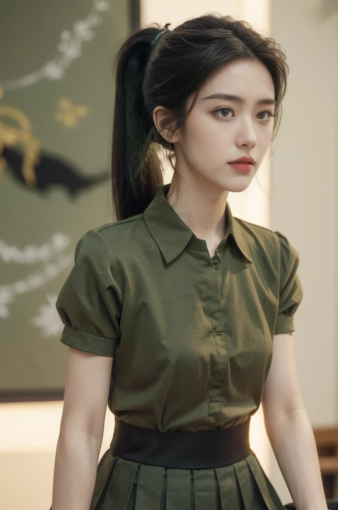 (((best quality))),(((ultra detailed))),(((masterpiece))),illustration,((1 beautiful young girl,female soldier,solo)),(short black ponytail:1.2),((slim,thin)),((small breasts,flat chest)),determined,professional,demeanor,(light green collared short-sleeved shirt:1.3),(dark green pleated skirt:1.2),military,affiliation,background,military conference room,walls,maps,battlefields,strategic points,markings,(large red flag),nation's unity,strength,seriousness,planning,important discussion,rigid posture,focused expression,confidence,respectability,bright intense eyes,analyzing situation,contribute thoughts,ideas,charm,powerful,intense atmosphere,freezes moment in time,essence,striking appearance,(night scene:1.2),((from front,upper body))