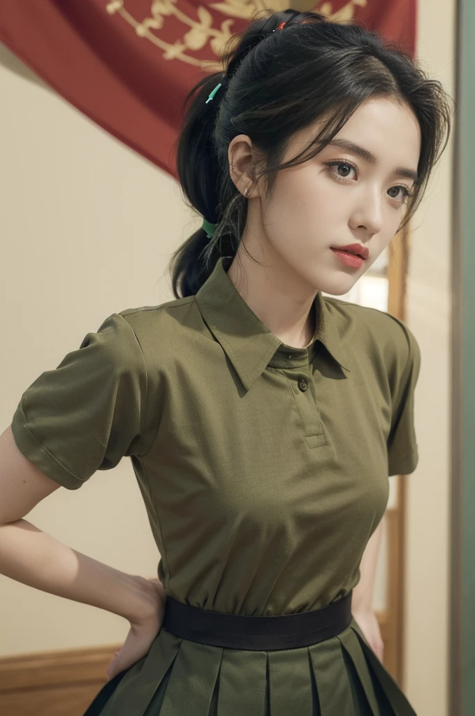 (((best quality))),(((ultra detailed))),(((masterpiece))),illustration,((1 beautiful young girl,female soldier,solo)),(short black ponytail:1.2),((slim,thin)),((small breasts,flat chest)),determined,professional,demeanor,(light green collared short-sleeved shirt:1.3),(dark green pleated skirt:1.2),military,affiliation,background,military conference room,walls,maps,battlefields,strategic points,markings,(large red flag),nation's unity,strength,seriousness,planning,important discussion,rigid posture,focused expression,confidence,respectability,bright intense eyes,analyzing situation,contribute thoughts,ideas,charm,powerful,intense atmosphere,freezes moment in time,essence,striking appearance,(night scene:1.2),((from front,upper body))