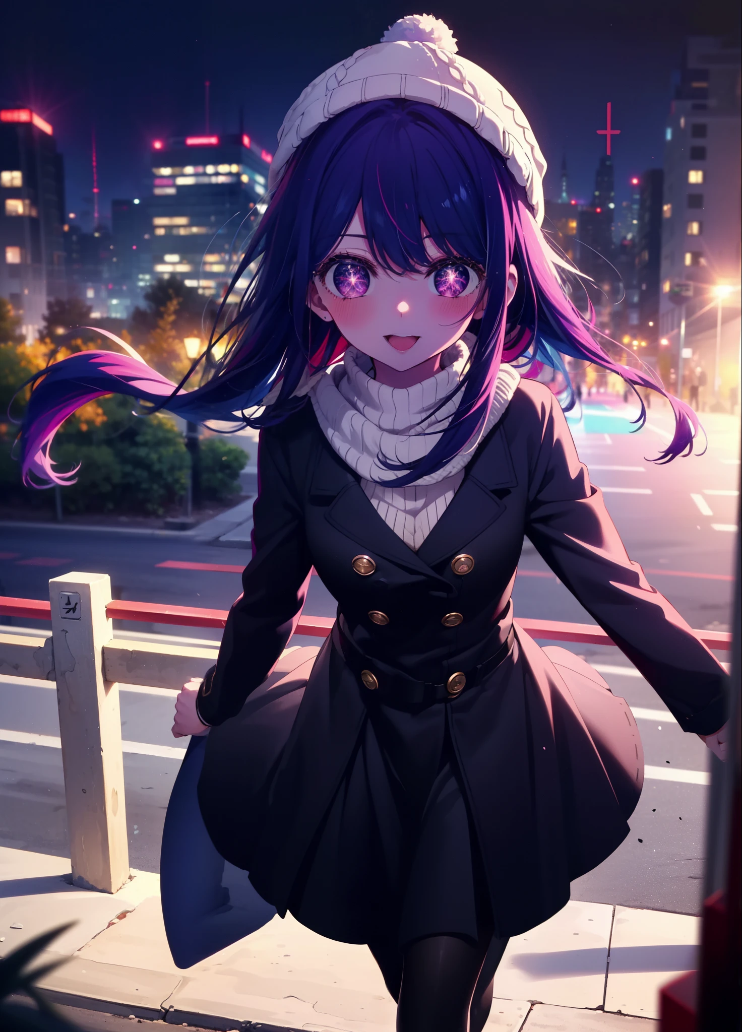 aihoshino, Ai Hoshino, Long Hair, bangs, (Purple eyes:1.1), Purple Hair, (Symbol-shaped pupil:1.5), smile,smile,blush,Open your mouth,Knitted hat,Black-rimmed glasses,Purple long coat,V-neck sweater,Long skirt,Black pantyhose,short boots,Red muffler,It's snowing,Snow is falling,Walking,whole bodyがイラストに入るように, evening,sunset,The sun is setting,
break outdoors, Building district,
break looking at viewer, whole body,
break (masterpiece:1.2), Highest quality, High resolution, unity 8k wallpaper, (figure:0.8), (Beautiful attention to detail:1.6), Highly detailed face, Perfect lighting, Highly detailed CG, (Perfect hands, Perfect Anatomy),