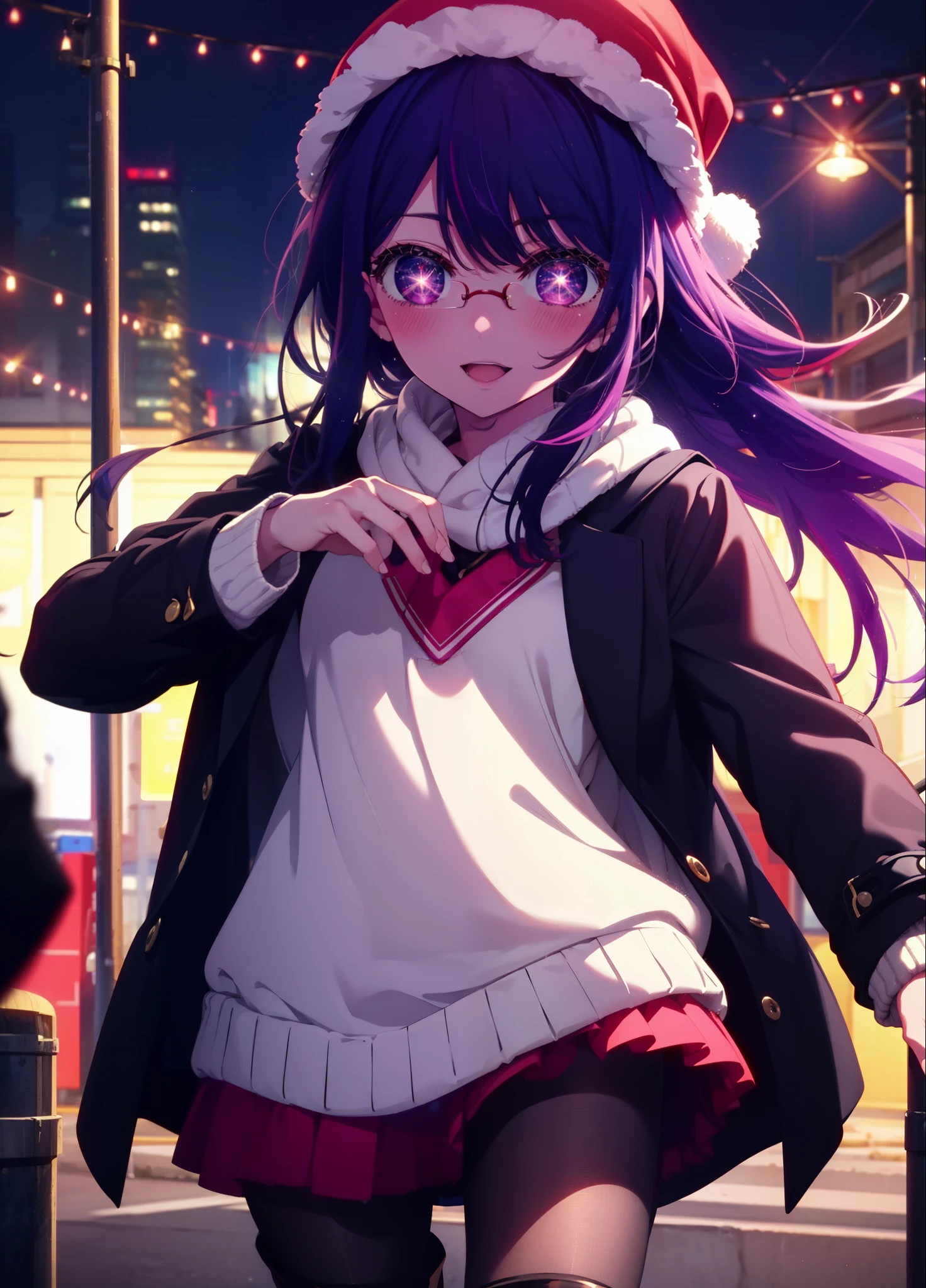 aihoshino, Ai Hoshino, Long Hair, bangs, (Purple eyes:1.1), Purple Hair, (Symbol-shaped pupil:1.5), smile,smile,blush,Open your mouth,Knitted hat,Black-rimmed glasses,Purple long coat,V-neck sweater,Long skirt,Black pantyhose,short boots,Red muffler,It&#39;s snowing,Snow is falling,Walking,whole bodyがイラストに入るように, evening,sunset,The sun is setting,
break outdoors, Building district,
break looking at viewer, whole body,
break (masterpiece:1.2), Highest quality, High resolution, unity 8k wallpaper, (figure:0.8), (Beautiful attention to detail:1.6), Highly detailed face, Perfect lighting, Highly detailed CG, (Perfect hands, Perfect Anatomy),