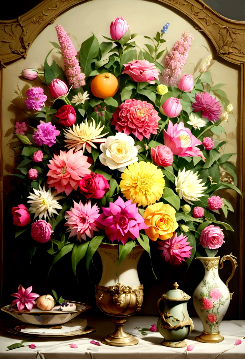 Il y a un vase sur la table,Il est couvert de fleurs et d'oranges, un pastel inspiré de François Boquet, ne pas éclabousser, baroque, Magnifique composition, fleur de dahlia, chrysanthèmes en papier, bouquets flottants, fleurs magiques, peinture à l'huile de fleurs réalistes, doux et complexe, composition glorieuse, l'idéal platonique des fleurs, Belle composition, Photographie de nature morte, fleurs jaunes roses