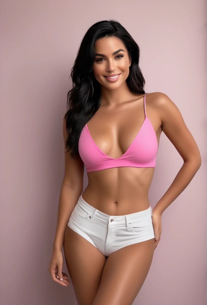 ultra realistic  photograph , sexy woman, 25 yo woman,black hair ( full body pose, incredibly sexualized wearing ,  erotic photoshoot of hollywood actress , female , woman, realistic babe, cute smile, pink lips, celebrity  ), tall fit figure , ( insanely detailed skin texture , depth of field, photorealistic natural lighting  )