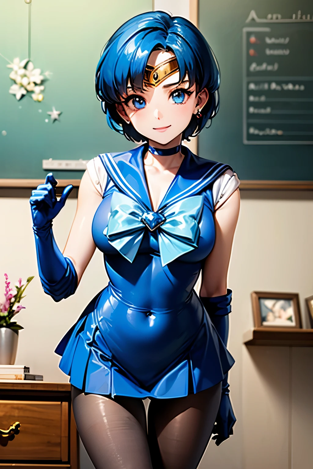 Highest quality, (masterpiece:1.2), Very detailed, 
One girl, alone,
View your viewers, smile, Medium chest, 
Water Eye, Blue Hair, short hair、((pantyhose))、Bedroom、((Sailor Mercury))、((Long gloves))、leotard、mini skirt、boots