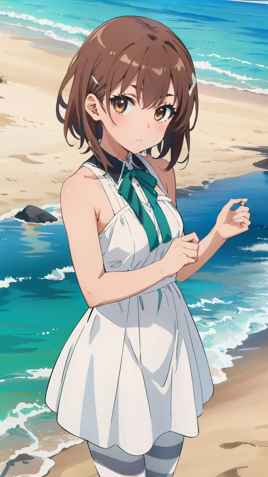 (masterpiece, best quality, 8k:1.2),Very detailed, (anime:1.1), misaka_mikoto, brown hair, medium hair, hairpin, 16 years old, medium breasts, 1girl, (Special clothes58, white dress, pantyhose, green ribbon, striped, beach, villa), Cowboy shot, looking at viewer,