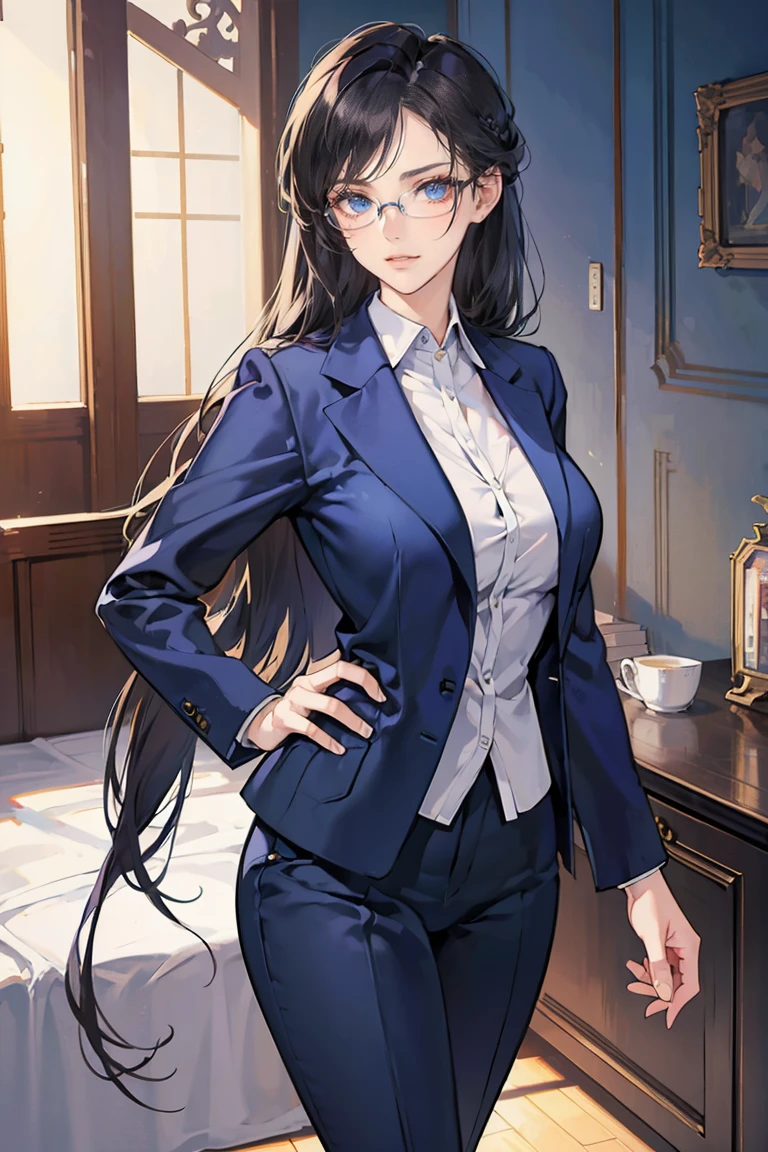 anime - (masterpiece), best quality, seductive eyes, mature face, blue eyes, long length dark hair, business suit, glasses, tall woman, long legs, adult-like female, 1girl, big breast, smug face