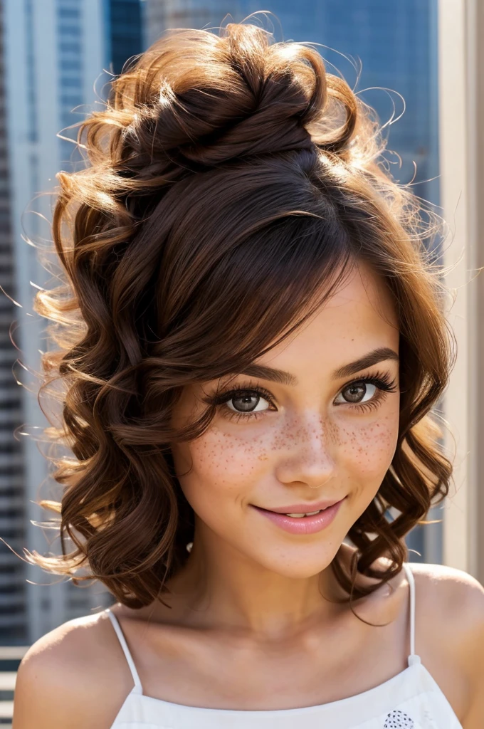 beautiful young woman, high quality Twenty-seven year old woman. Short stature and thin body, generous chest and pronounced hips. wide, color chocolate, curly. heart shaped face, pretty little nose dotted with freckles, big hazel eyes, and long, bushy eyelashes. Front teeth slightly separated. Full and sexy lips. shy smile. light in the face. full body image. Elegant outfit. City background.