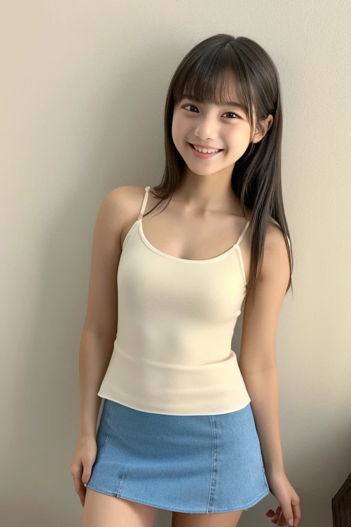 (((Highest quality)))　((masterpiece))　((Real beautiful girl))　12 Talented Girls　(Cute face)　clear　((Baby Face))　Ultra mini skirt　Tank top　I can see her panties　(Slim figure)　(whole body)　he is short　smile　Creating Bangs