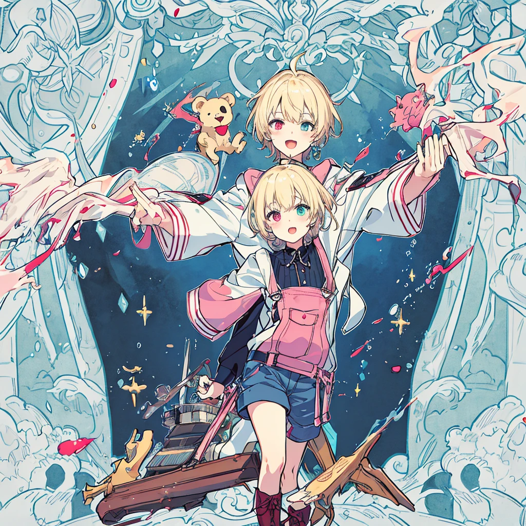 short cute male, very pale skin, beautiful eyes, perfect hands, heterochromia, one eye is red one eye is pink, long legs, narrow waist, perspective, short chin-length blonde hair with dyed pink tips, perfect hands, male, fluffy bear slippers, crossed bangs, vivid colors, best quality, high quality, short messy wavy hair, casual wear, overalls, loose sleeves, pale blue jean shorts, striped knee high socks, earring on left ear, fangs, :3, smug, CG image, character splash art, high detail