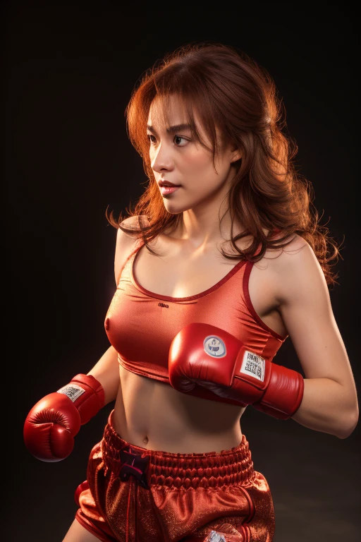 (Realistic:1.4),(masterpiece:1.2), (bestquality:1.2),looking at the audience,(cowboy shot),((Absurd)),((dim lighting,volumetric light)),Heavenly Light,(simple background),((linekanok background))
,(1girls),(bara),(Linekanok:1.25), (Linevichit Clothing:1.25), Boxer Suit,Red tank top,red shorts,long fluffy brown hairstyle, paragraph., ((Tattoos on women's upper chest)).,((breasts out)), With the highest quality of detail and shading..,,natural light,The backdrop is a boxing ring...,Sandbags,Combat gloves, Strong posture, .,Dynamic Poses,On the boxing ring, firelight, Night view,,
,(intricate detailed:1.1),
,10,UHD,Professional Art,official art,no bra,braless,