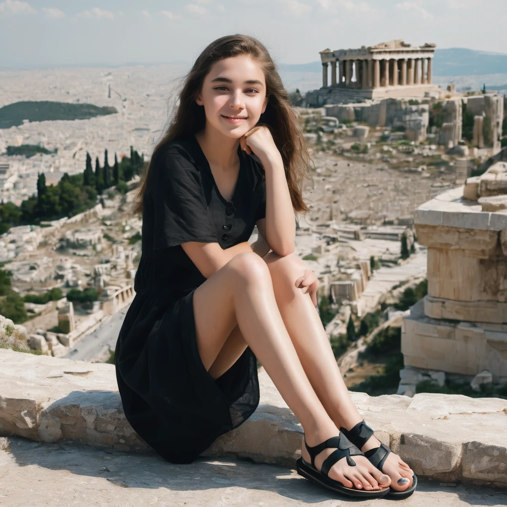 charming pale polish girl wearing black flip flops sits on the Acropolis