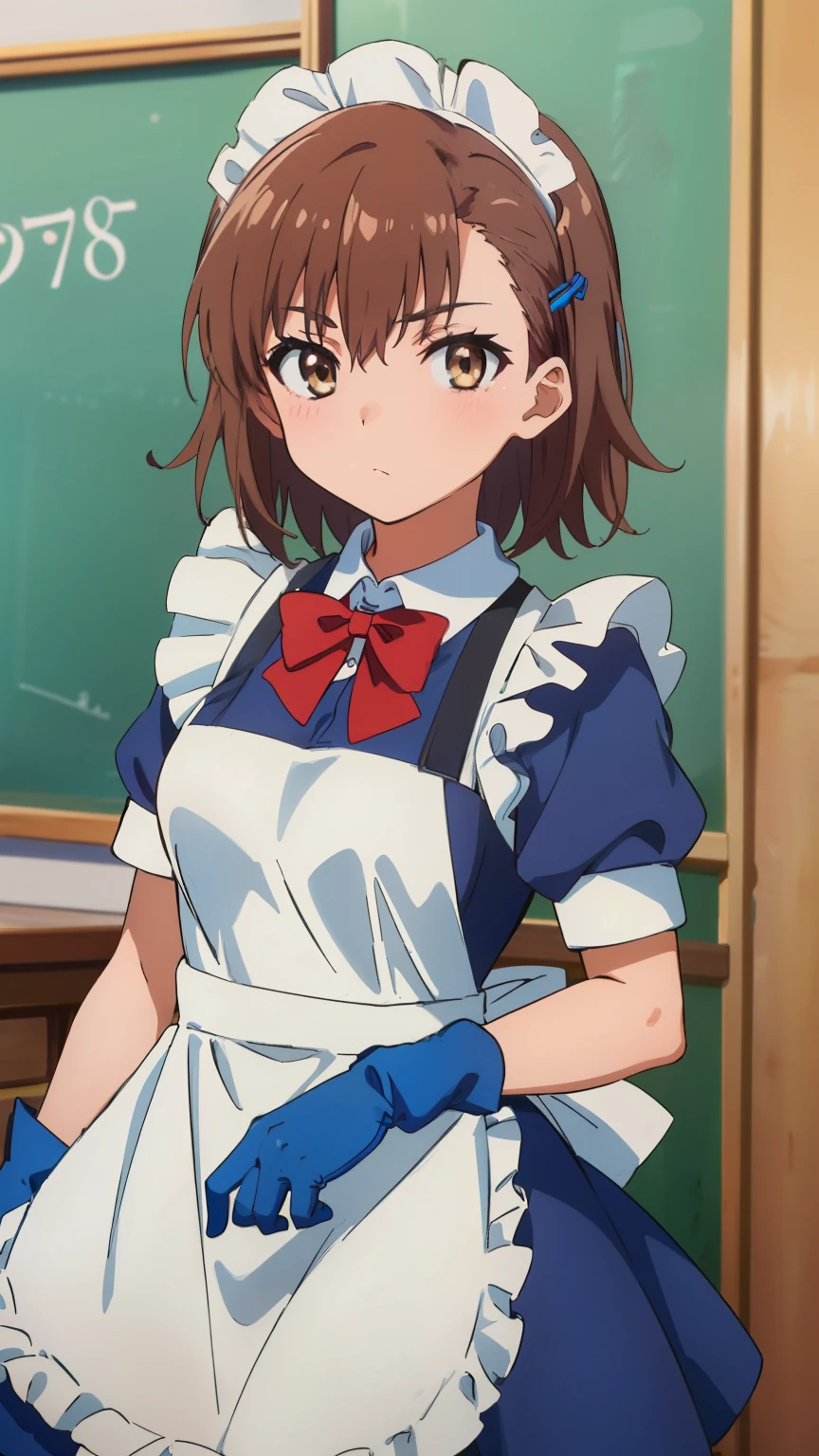 (masterpiece, best quality, 8k:1.2),Very detailed, (anime:1.1), misaka_mikoto, brown hair, medium hair, hairpin, ************, medium breasts, 1girl, (maid, maid headdress, red bowtie, blue dress, maid apron, blue gloves, white thighhighs, boots), Cowboy shot, looking at viewer,