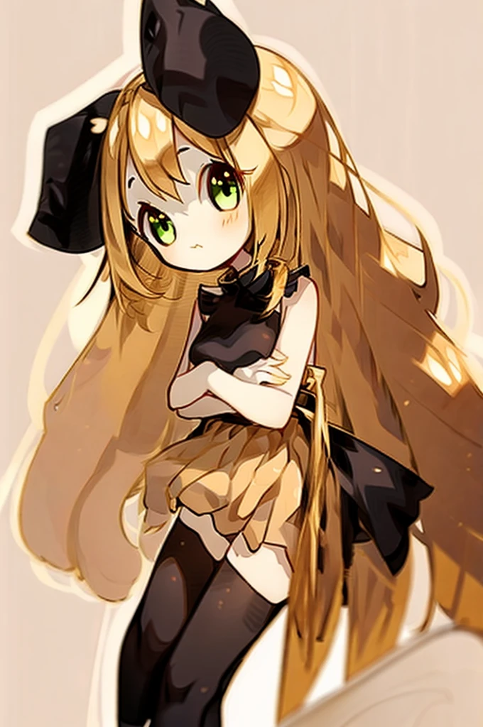 1girl with long golden hair, green eyes, floppy dog ears,emoteless face, golden dress with open shoulders. Black stockings. Chibi style, simple background, hand on chest, golden ears