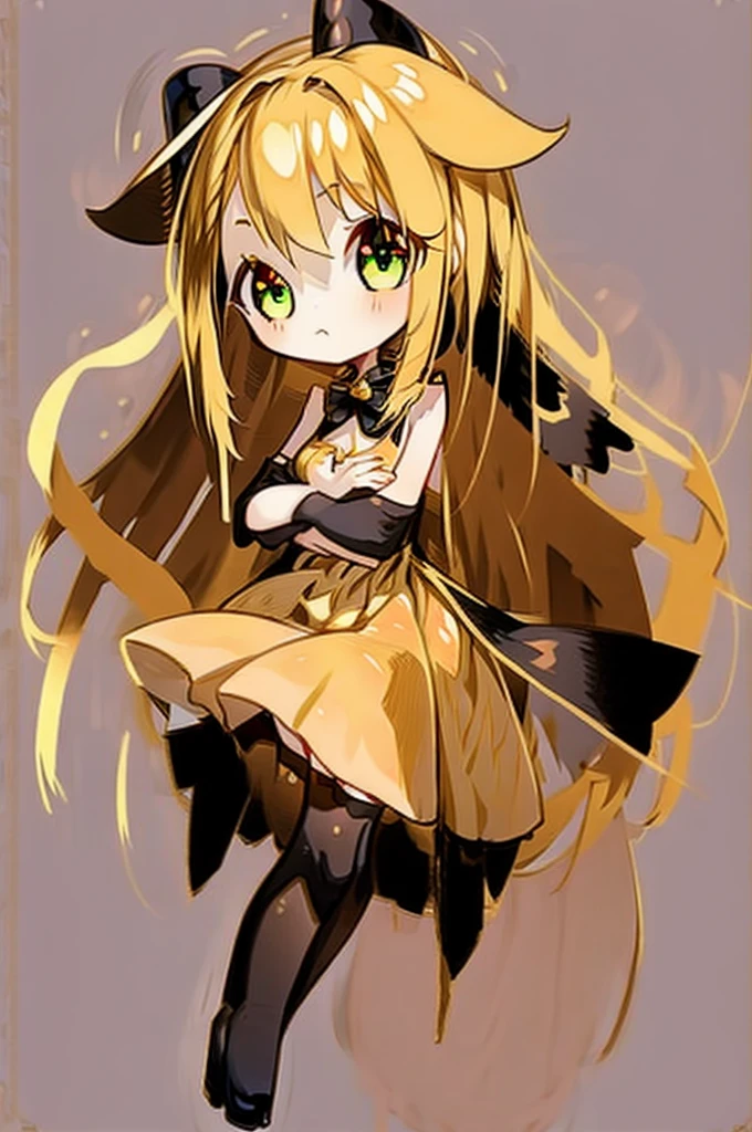1girl with long golden hair, green eyes, floppy dog ears,emoteless face, golden dress with open shoulders. Black stockings. Chibi style, simple background, hand on chest, golden ears