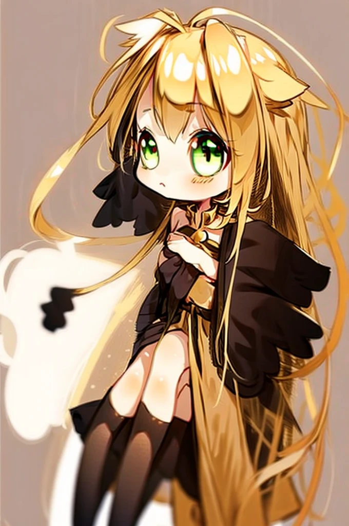 1girl with long golden hair, green eyes, floppy dog ears,emoteless face, golden dress with open shoulders. Black stockings. Chibi style, simple background, hand on chest, golden ears