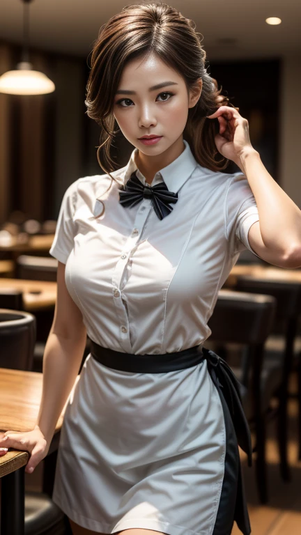 (8K, RAW Photos, 最high quality, masterpiece: 1.2), (Realistic, photoRealistic: 1.37), 1 A woman wearing a waitress uniform standing on the sidewalk, , Professional Lighting, Photon Mapping, , Brazilian women, Torn, Sommelière、, Incredibly beautiful face、Playmate proportions、Sommelièreのユニホーム、,At a fine dining restaurant,Carry dishes、 masterpiece, 最high quality, high quality, High resolution, big , (Face close-up),working at a restaurant、Hair is tied、Updo、Tie your hair tightly、