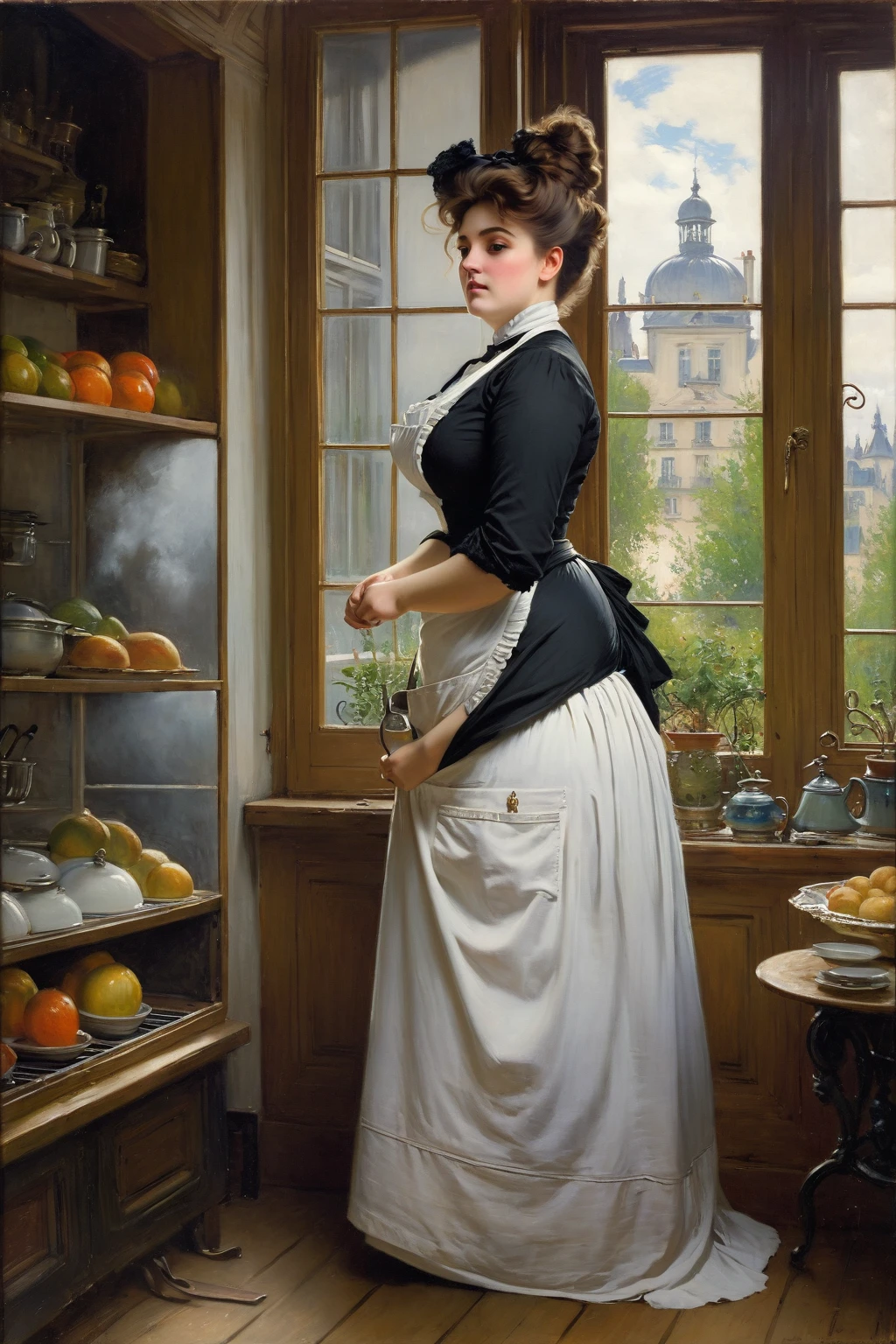 Create a visually engaging scene featuring a  Full body shot in side view of a voluptuous buxom  Victorian widow wearing a black dress and white apron, standing by the kitchen window and gazing out. by Jean Béraud, inspired by Jean Béraud, inspired by Édouard Detaille, edouard leon cortes, inspired by Ivan Kramskoi, inspired by Jean-Louis-Ernest Meissonier, by Édouard Detaille, inspired by Paul Émile Chabas, opulent updo hairstyle, white apron