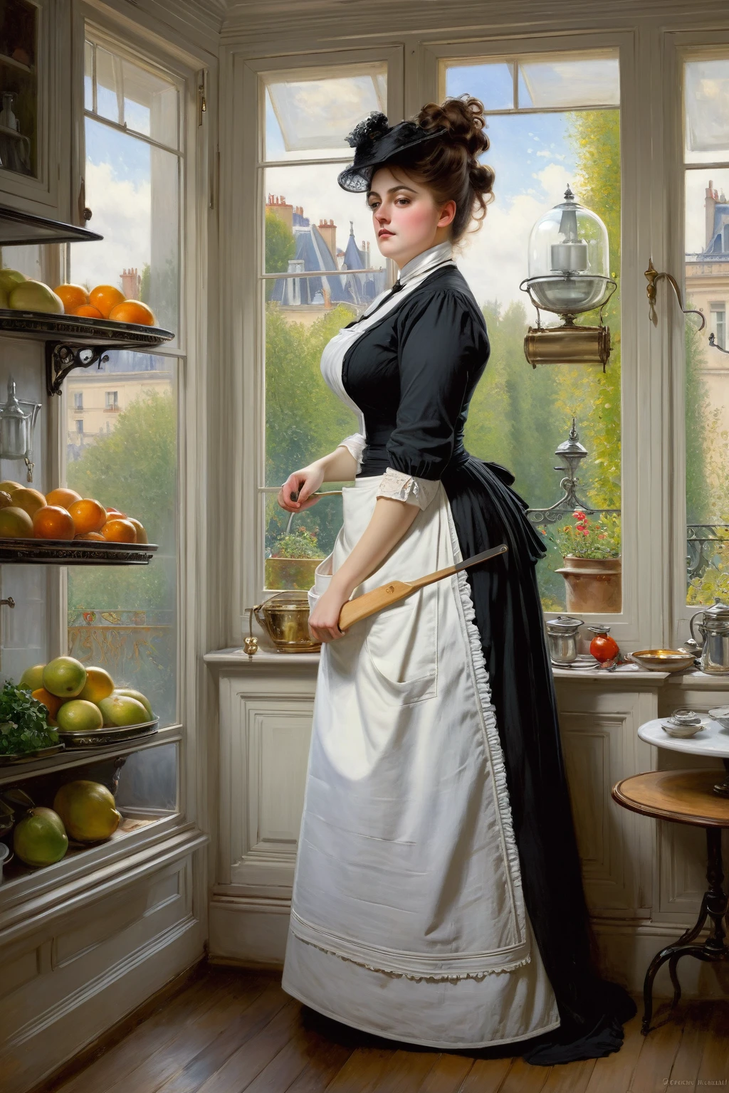 Create a visually engaging scene featuring a Full body shot in side view of a voluptuous buxom Victorian widow wearing a black dress and white apron, standing by the kitchen window and gazing out. by Jean Béraud, inspired by Jean Béraud, inspired by Édouard Detaille, edouard leon cortes, inspired by Ivan Kramskoi, inspired by Jean-Louis-Ernest Meissonier, by Édouard Detaille, inspired by Paul Émile Chabas, opulent updo hairstyle, white apron
