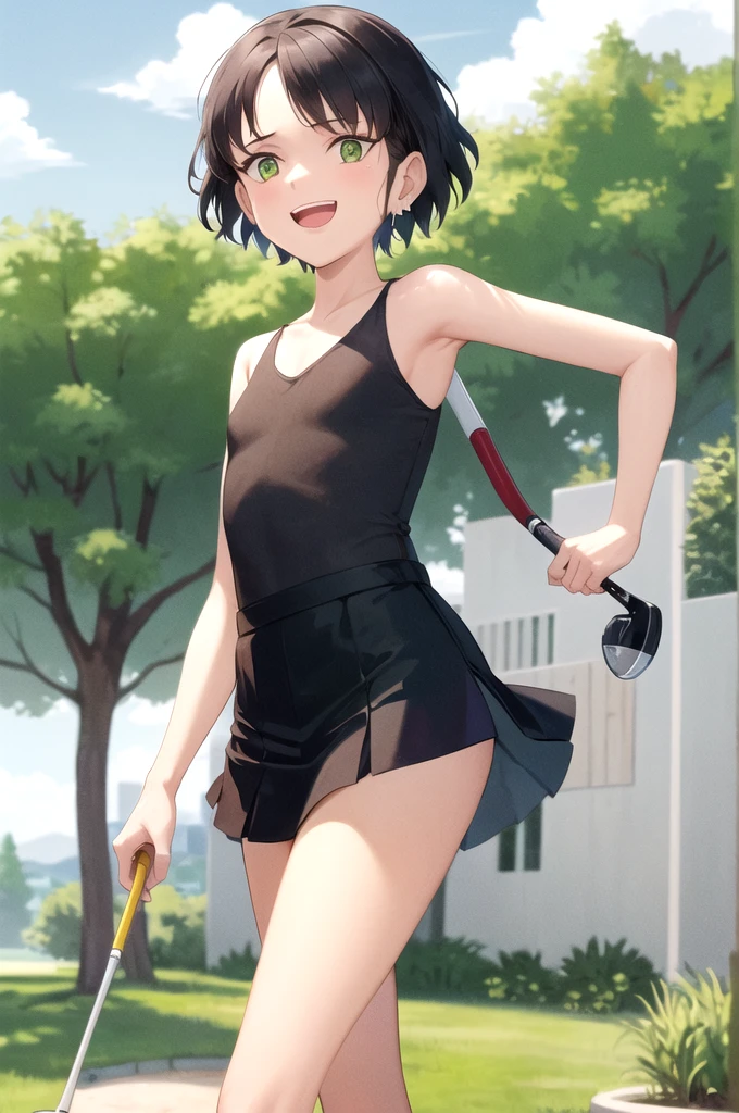 Don Duka,Very short hair,,Green Eyes,,skirt,pantyhoseskirt,shirt,Flat Chest,1girl,alone,golf,a bit_girl,:d,