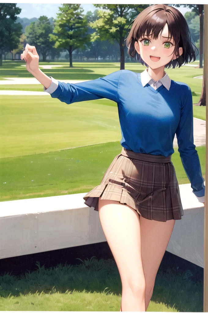 Don Duka,Very short hair,,Green Eyes,,skirt,pantyhoseskirt,shirt,Flat Chest,1girl,alone,golf,a bit_girl,:d,