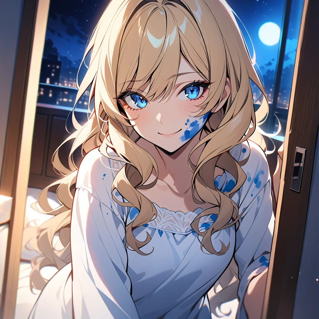 {{upper body, dutch angle}} {{Artist: ratatatat74}} 1girl, mature female, blue eyes, blonde hair, long strcurly hair, slender figure, ethereal, white flowy dress, heavy paint stains on face, hands and body, indoors, night time, apartment, living room, dark, innocent smile, standing at the doorway, looking at the camera pov, modern.
