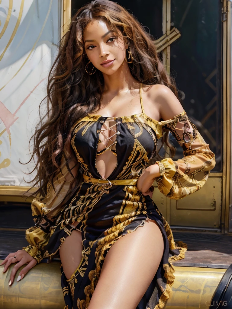 BOOK COVER 
girl, long curly hair, tan skin, Beyoncé style, black mixed woman, long hair untied, fashionable luxury girl, bright light, bright details, sharp details, many details, very high quality, 4K, gucci, illustration, chic, Chanel, old money, old luxury, pin-up, style of Robert McGinnis back, sharp details, many details, very high quality, illustration, watercolor, spot color, smiles, pretty, medium shot, dzktxez, ruanyi0764, long dress, long sleeves, off shoulder, bug, lace dress, barefoot, tight dress, see-through, score_9, score_8_up, score_7_up