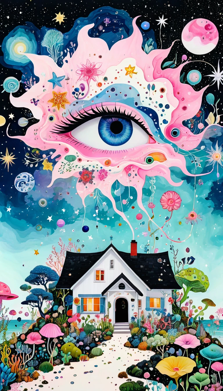 Bud Cottage,microorganism、Small animals,plant、Marine life、Eye、Starry Sky,Stitching together an abstract painting,Describing the inner world of autistic people,Sense of space,White Space,interesting,Innocence,Psychedelic Art,Abstract Art,Montage Art,Pink theme