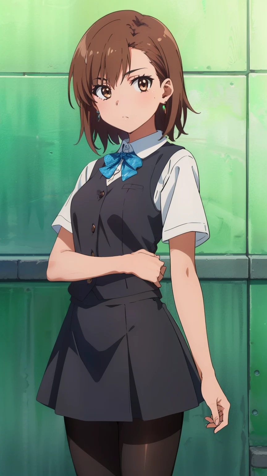 (masterpiece, best quality, 8k:1.2),Very detailed, (anime:1.1), misaka_mikoto, brown hair, medium hair, hairpin, , medium breasts, 1girl, (Earrings, Jewelry, Denim Dress, Open Vest, Black Pantyhose, Black Shirt, Denim Skirt), Cowboy shot, looking at viewer,