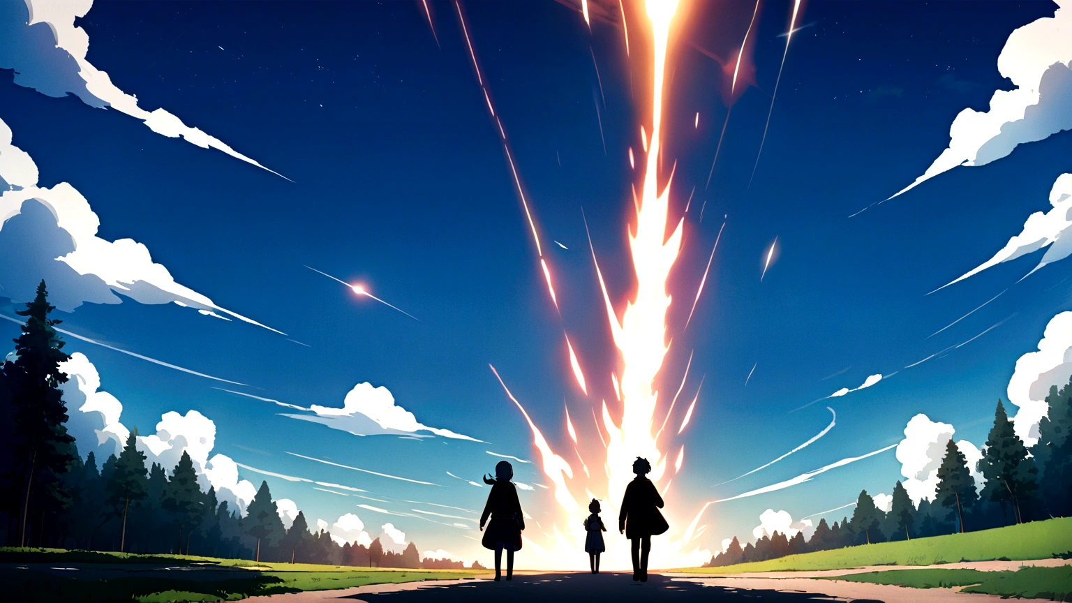 open sky, peaceful park, no people, anime style, meteor approaching towards the observer, fiery trail, dramatic, daytime, bright light from meteor