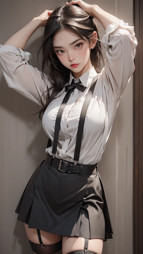 Black skirt, Suspenders, Brown hair grey eyes, Garters on legs, Tight clothing, belt Armpit sweating Poker face Medium breasts
