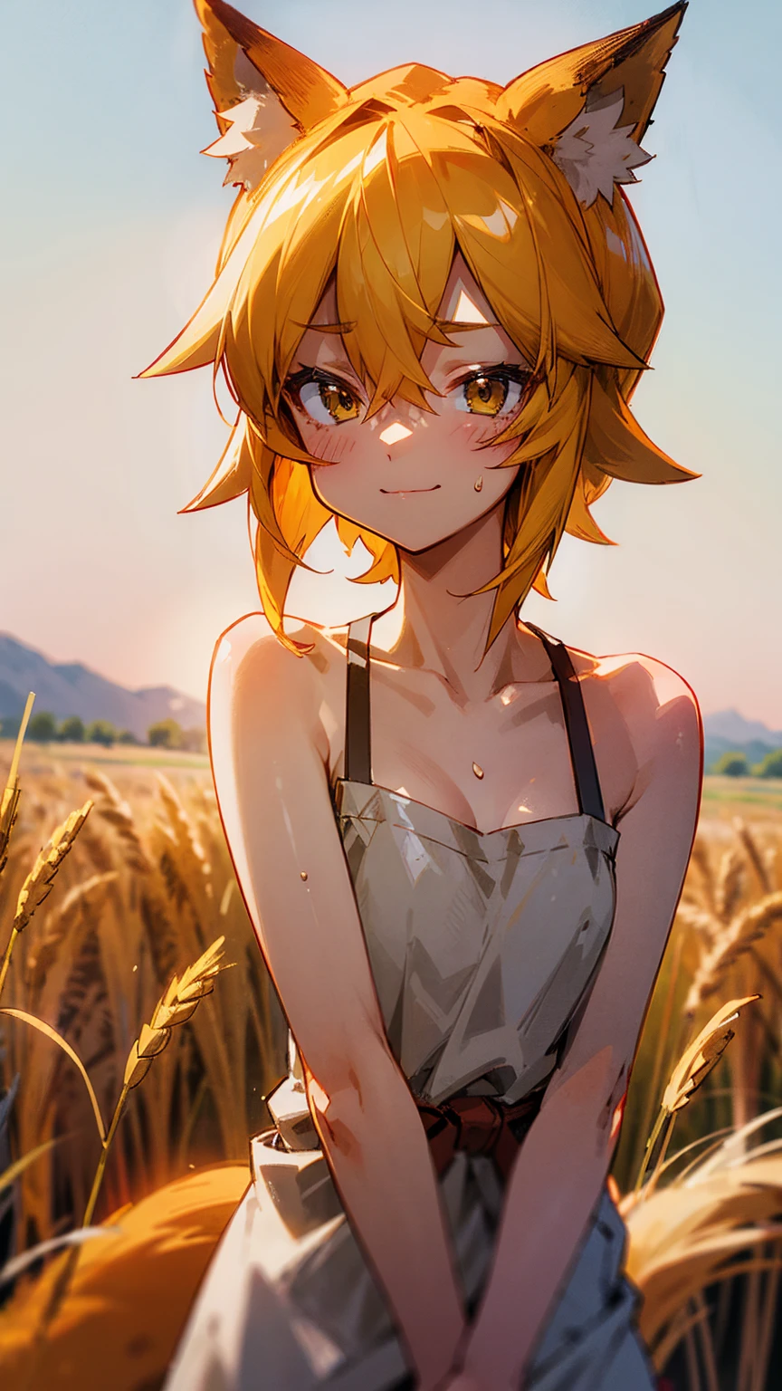 masterpiece,best quality, ultra-detailed,1girl(sakurai momoka, lovely small breasts, glow skin, wavy hair, long hair, blonde hair,green eyes),smile, glow lips, nose blush, blush, solo, sundress, straw hat, field, standing, Sexy waist teasing