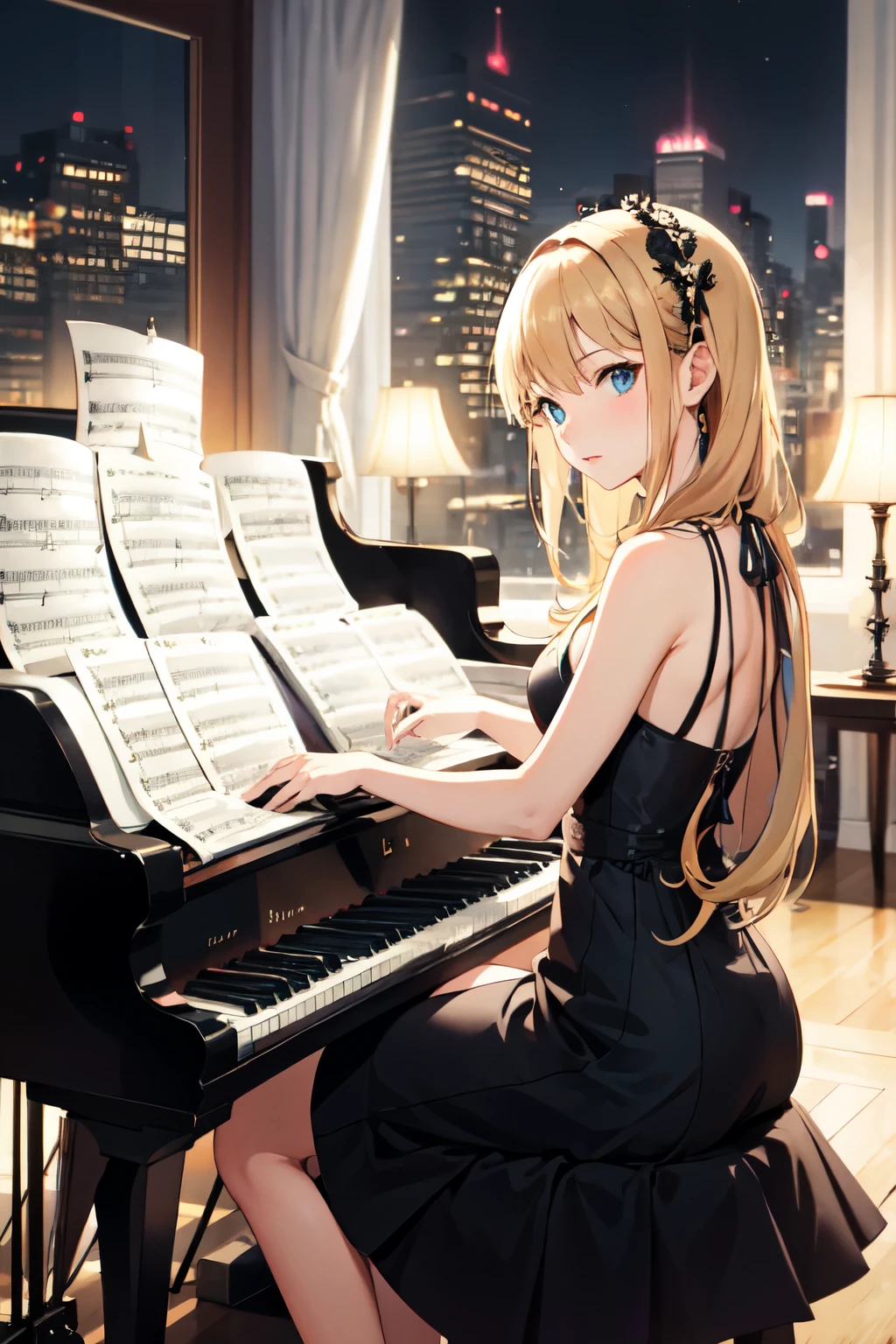 ((Highest quality)), ((masterpiece)), (detailed), Jazz Bar,Woman playing,In a dress,High school age,Looking at sheet music2d,anime,Stylish atmosphere,Jazz,night,I'm playing the piano,1600×900