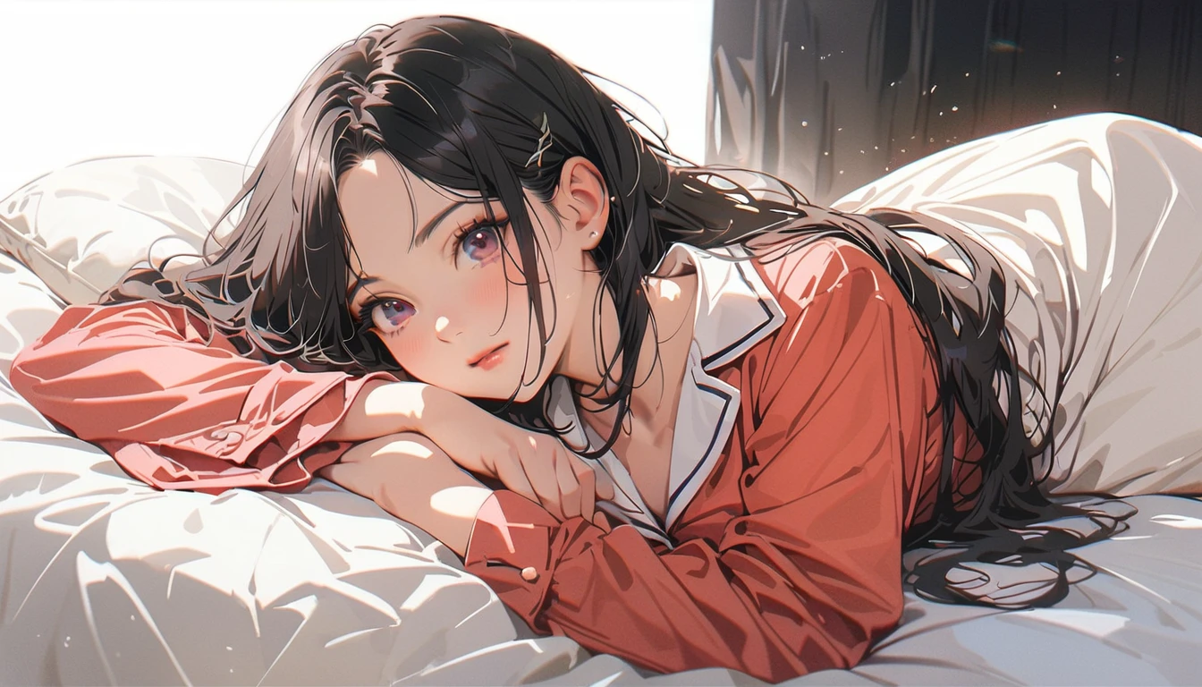 20 years old,1 mature woman,hyperrealistic, 8k, (extremely detailed 8k), (very delicate and beautiful), (masterpiece), (better quality:1.0), (ultra high resolution:1.0), (masterpiece, best quality),cute,black hair,long hair,full body,white background,realistic skin,pajamas,lie on own side