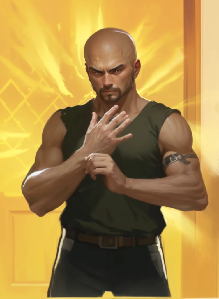 there is a man that is standing in front of a door, inspired by Daryush Shokof, buff man, in the style of sifu 🔥 😎 🕹️ 👀 :2, inspired by Volkan Baga, bald male swashbuckler, heavy gesture style closeup, buff painting, inspired by Liao Chi-chun, very buff