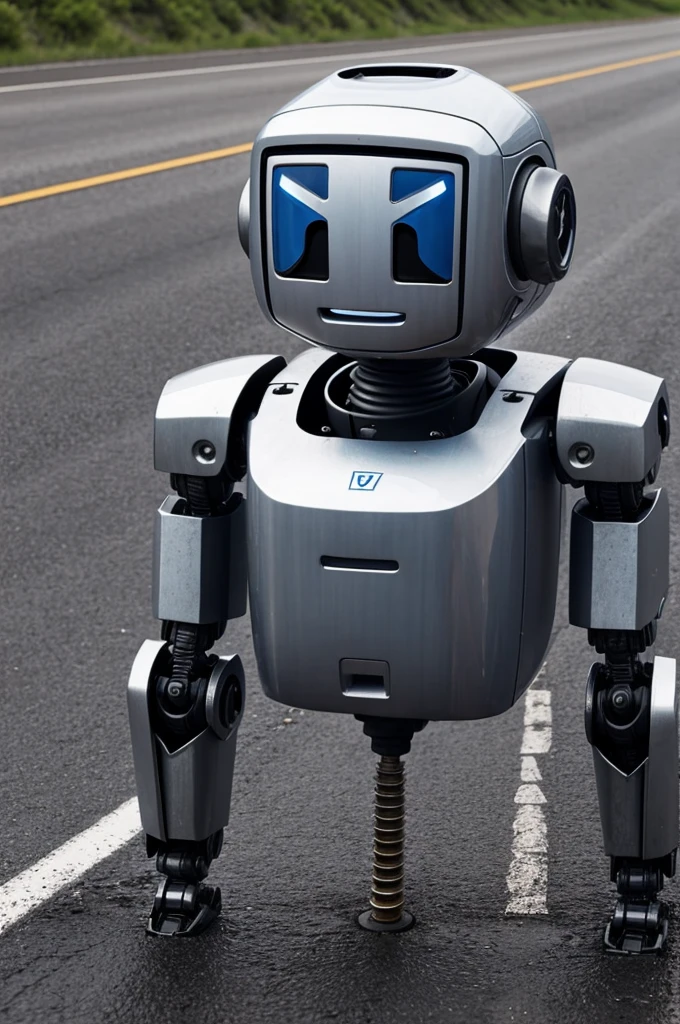 A robot crying on a road in front of a screw