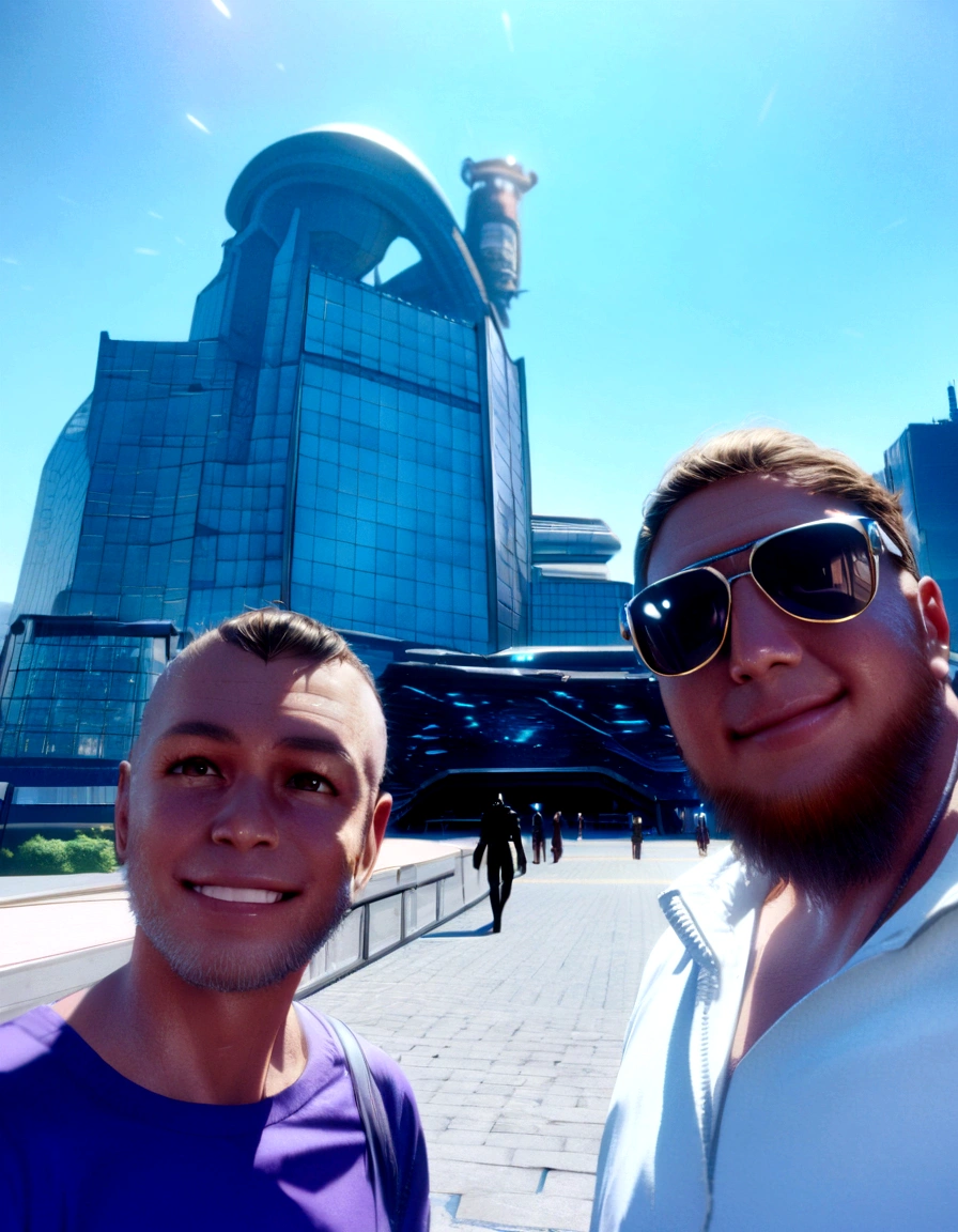  two space pirates posing and smiling before burning futuristic city, smoky dark sky, explosives and shot at the background, intricate details, cinematic light, brilliant render quality, unreal engine 5,  infront of a sci fi cityscape, burning skyscrapers in the background