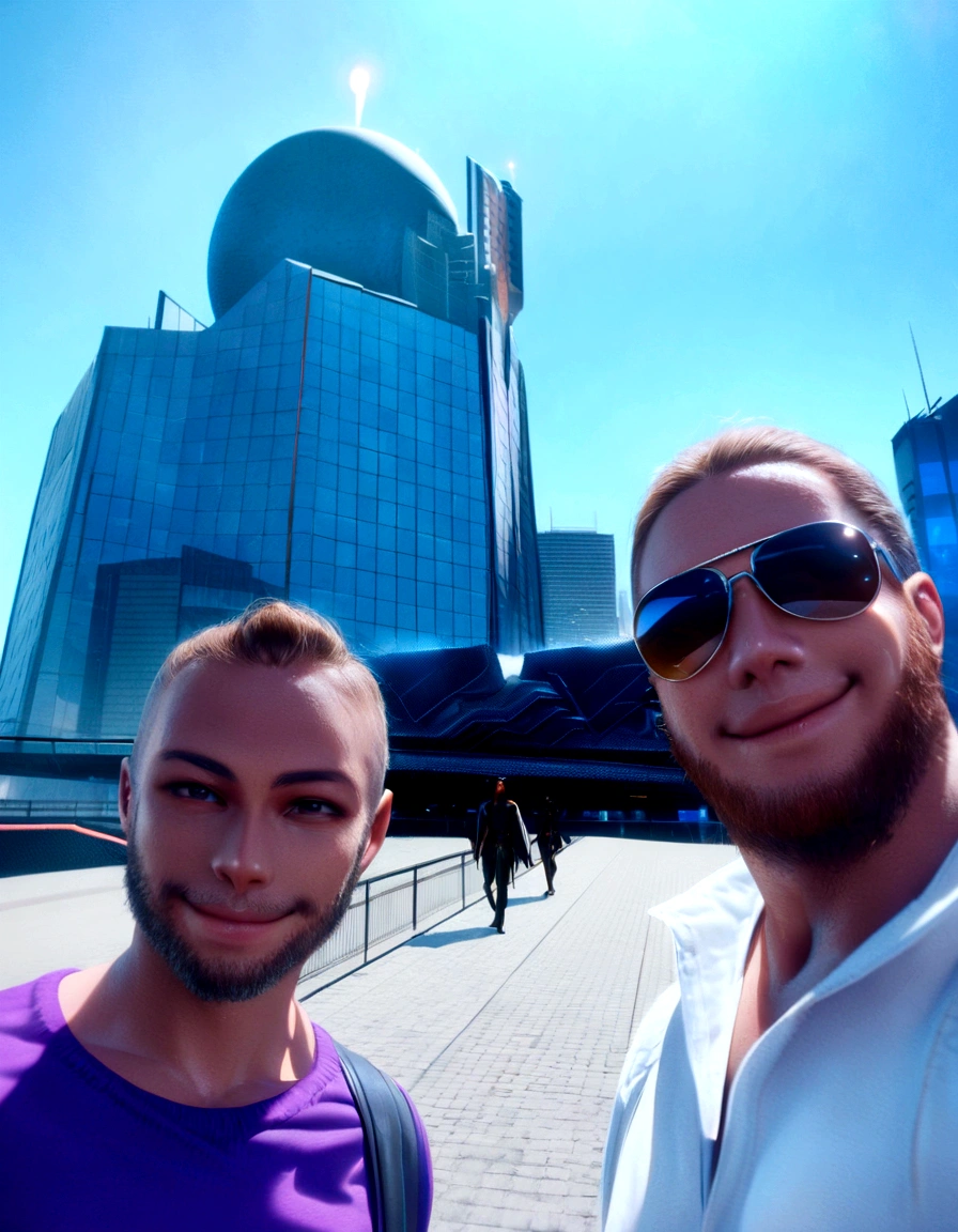 two space pirates posing and smiling before burning futuristic city, smoky dark sky, explosives and shot at the background, intricate details, cinematic light, brilliant render quality, unreal engine 5, infront of a sci fi cityscape, burning skyscrapers in the background