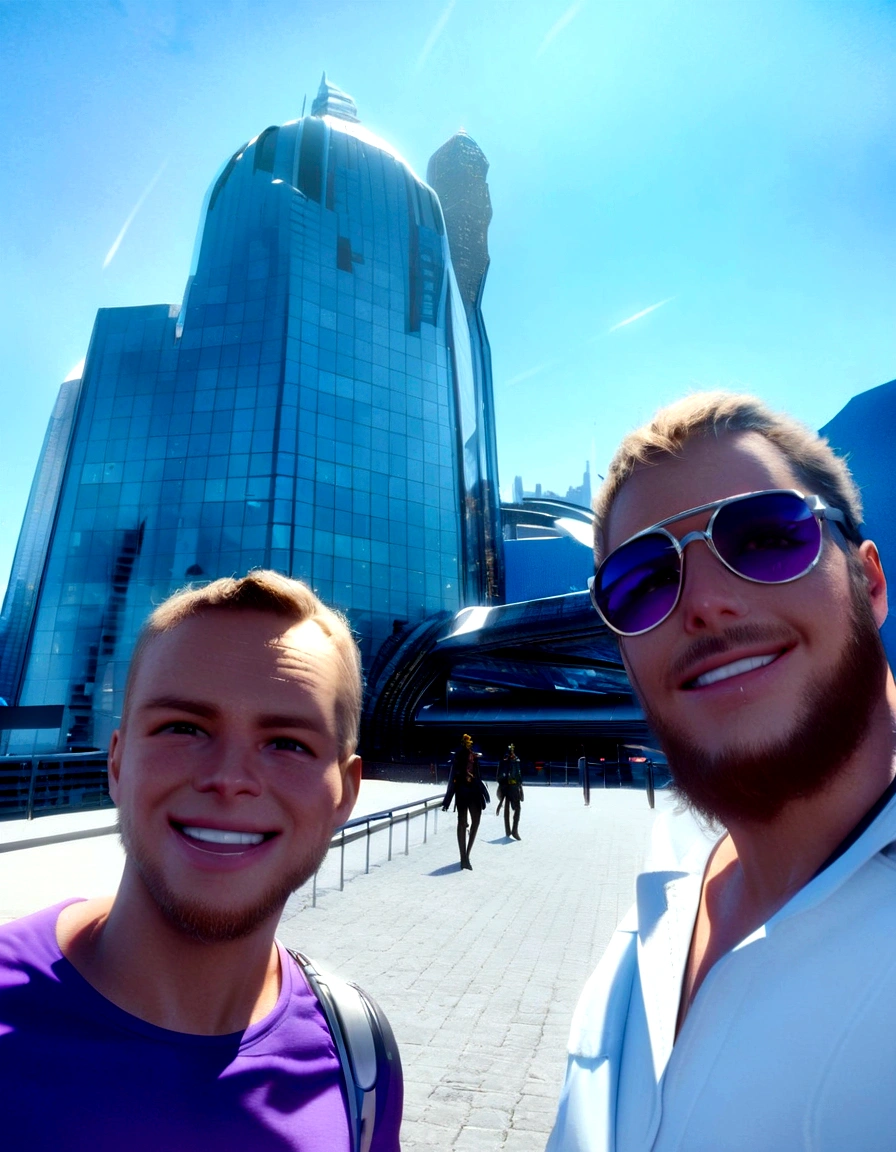 two space pirates posing and smiling before burning futuristic city, smoky dark sky, explosives and shot at the background, intricate details, cinematic light, brilliant render quality, unreal engine 5, infront of a sci fi cityscape, burning skyscrapers in the background