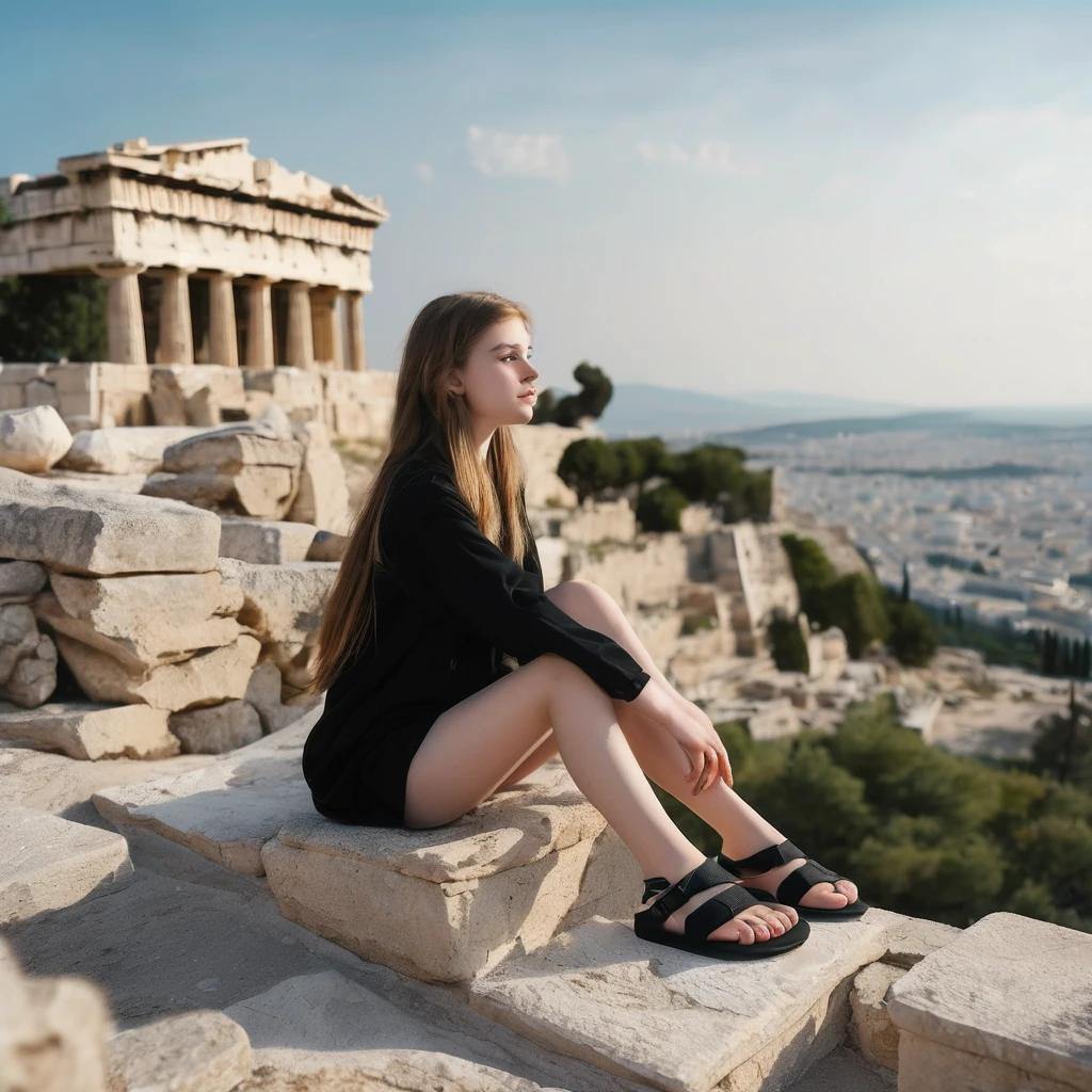 charming pale polish girl wearing black flip flops sits on the Acropolis