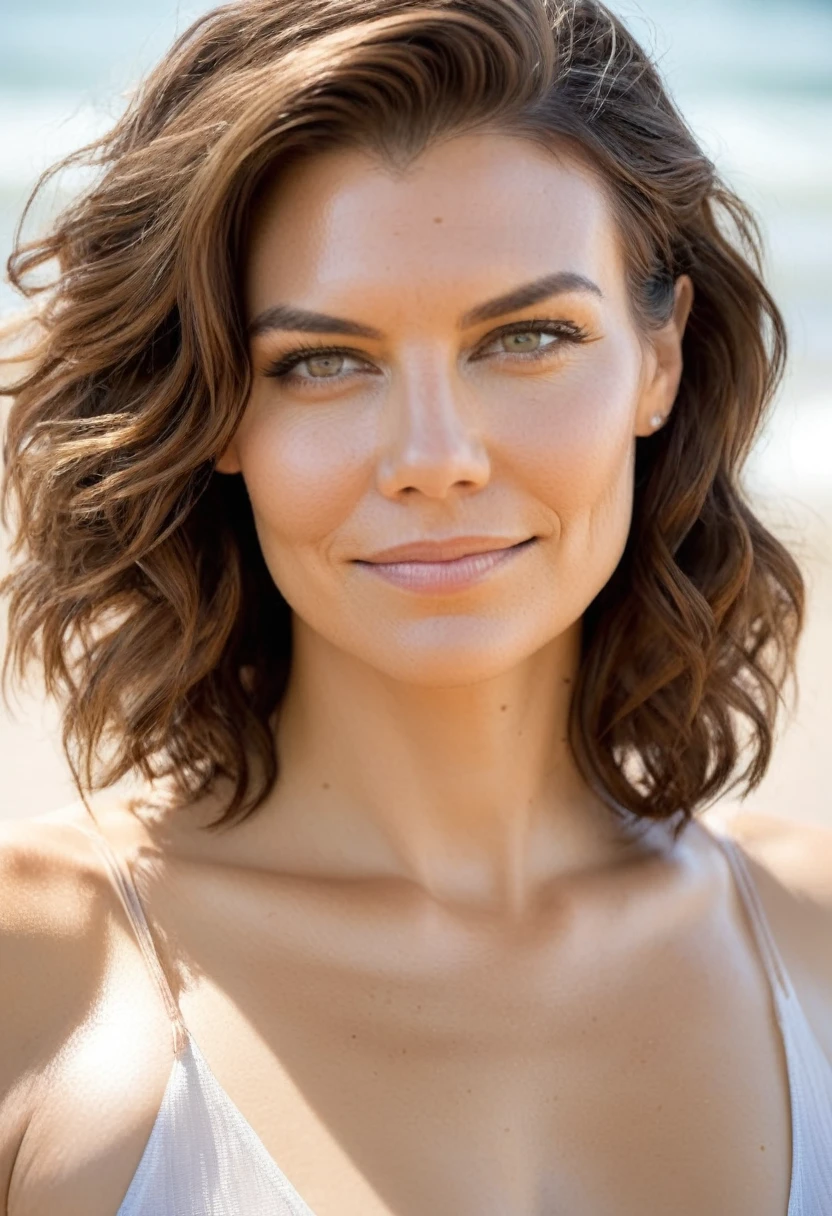  high quality  Erotic celebrity photograph  ,  celebrity erotic photograph , (lauren_cohan), elegant mouth closed smile, pretty , 35 yo woman, photoshoot, wearing a  sweaty sexy top slight curly hair:1.4, extremely long  hair , erotic photoshoot  , exhausted look, wet, shiny sweaty skin, seductive smiling , posing  on beach, wet hair, erotic lighting , rosy white pale  skin tone , erect nipples , celebrity, female,  woman, hollywood actress, , erotic angle  , fleshy muscular woman  , ( natural lights, photorealistic,  depth of field, insanely detailed skin texture, hyper detailed features ) 