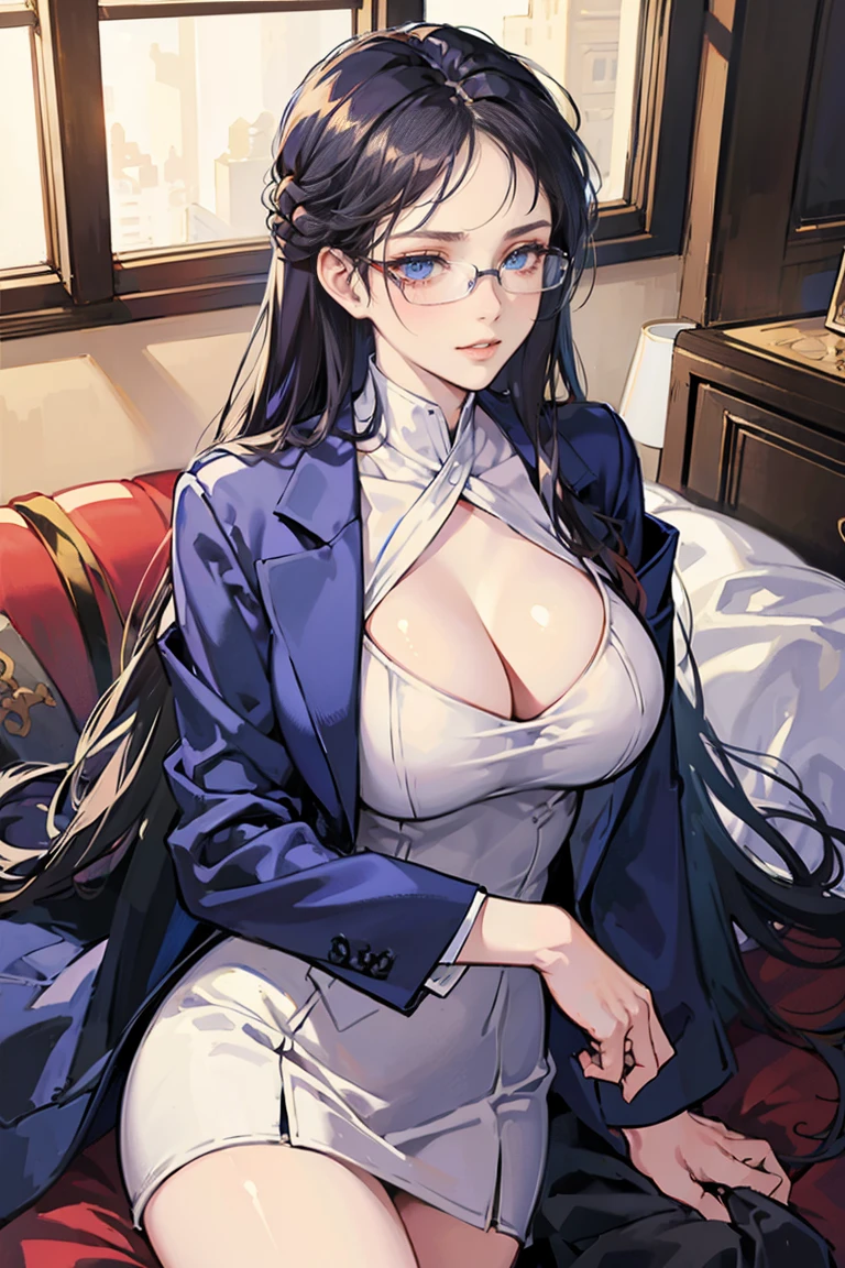 anime - (masterpiece), best quality, seductive eyes, mature face, blue eyes, long length dark hair, business suit, glasses, tall woman, long legs, adult-like female, 1girl, big breast, smug face
