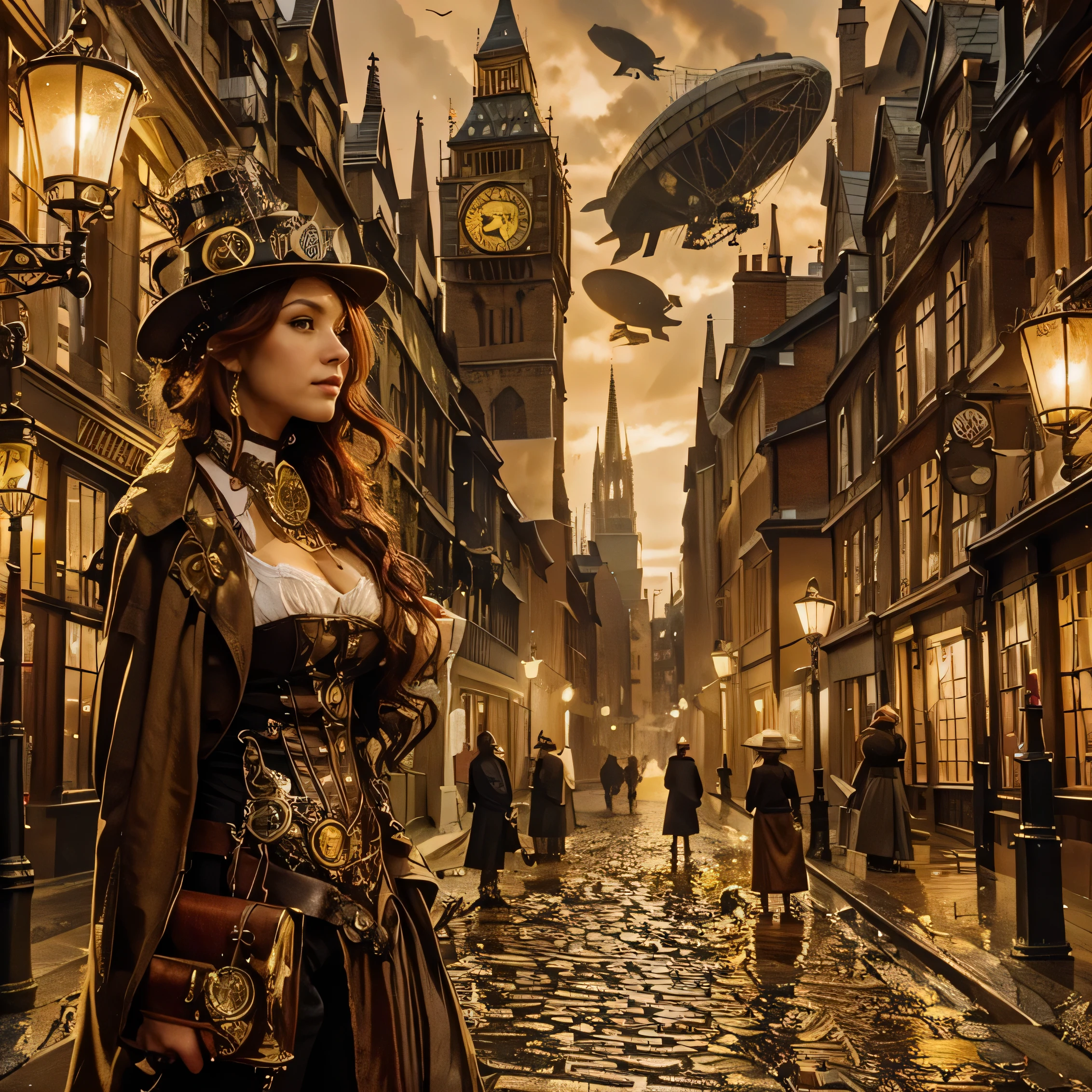 London street in the late 1800s, Steampunk style arrangement. Imagine a clockwork building belching steam from its chimney., Gas lamps emitting orange light, And the airship glides silently overhead. The rain-soaked cobblestones reflect gaslights and bustling activity. character: A confident and purposeful woman. Describe her distinctive features and steampunk outfit.. You have a few options: Crimson hair cascading down to her shoulders, A gear and a small brass monocle decorate one eye.. Wearing long clothes, A flowing coat of worn leather, Accented with a polished brass buckle and an intricate clockwork pattern woven into the fabric。. Goggles on forehead, A sturdy riding boot with a built-in steam piston powers her bike.