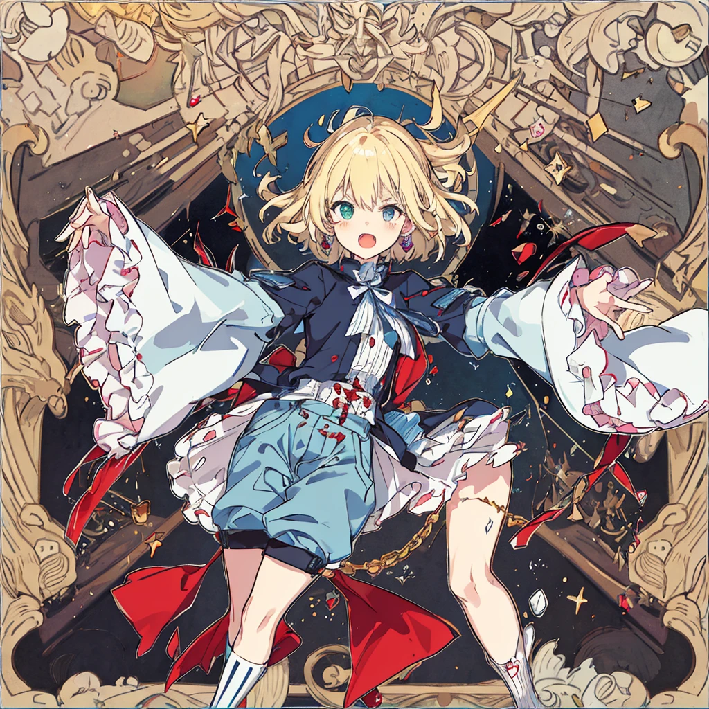 short cute male, very pale skin, beautiful eyes, perfect hands, heterochromia, one eye is red one eye is pink, long legs, narrow waist, perspective, short chin-length blonde hair with dyed pink tips, perfect hands, crossed bangs, vivid colors, best quality, high quality, short messy wavy hair, casual wear, overalls, loose sleeves, pale blue jean shorts, striped knee high socks, earring on left ear, fangs, :3, smug, CG image, character splash art, high detail
