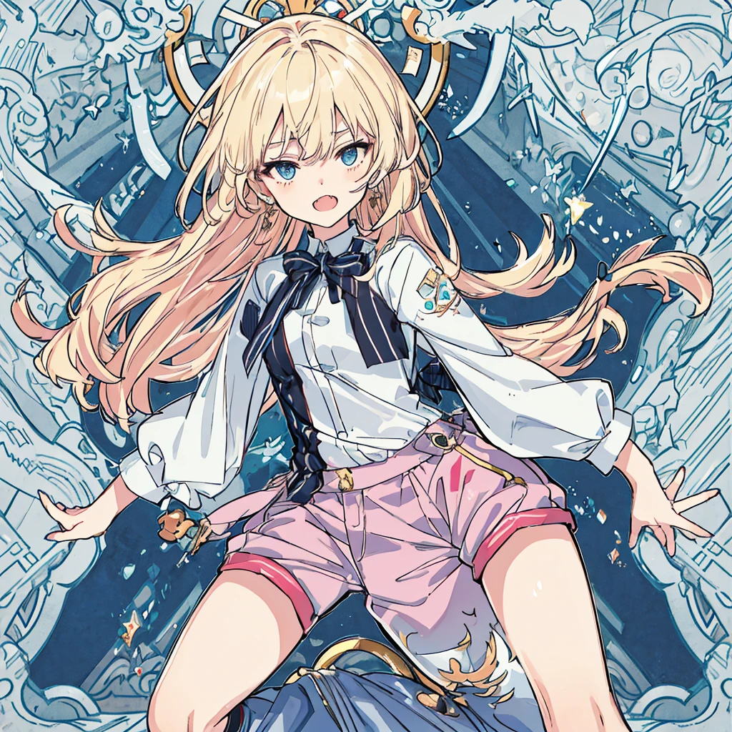 short cute male, very pale skin, beautiful eyes, perfect hands, heterochromia, one eye is red one eye is pink, long legs, narrow waist, perspective, short chin-length blonde hair with dyed pink tips, perfect hands, crossed bangs, vivid colors, best quality, high quality, short messy wavy hair, casual wear, overalls, loose sleeves, pale blue jean shorts, striped knee high socks, earring on left ear, fangs, :3, smug, CG image, character splash art, high detail