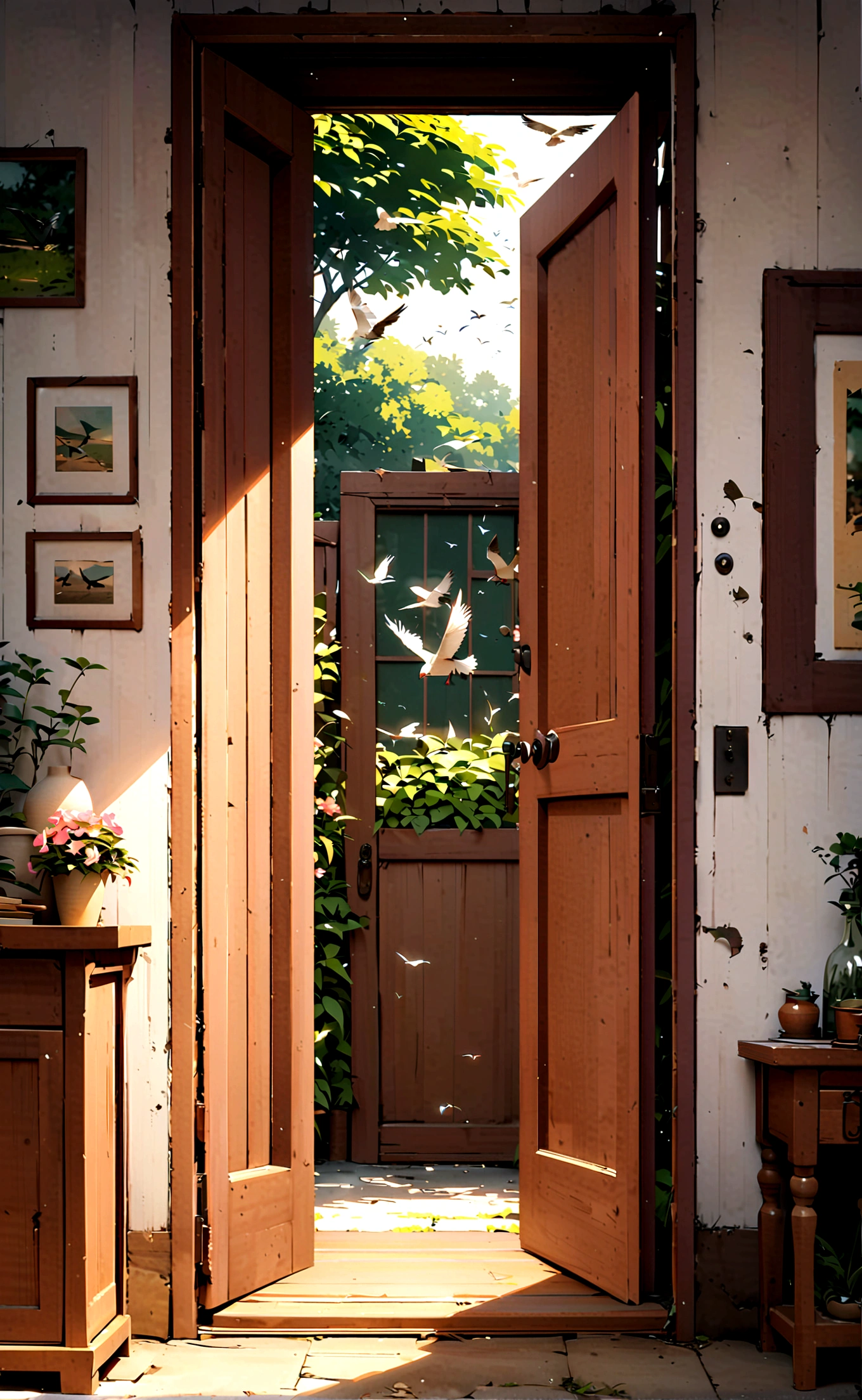 Wooden door, open, inside the door is a garden, and birds flying, high quality