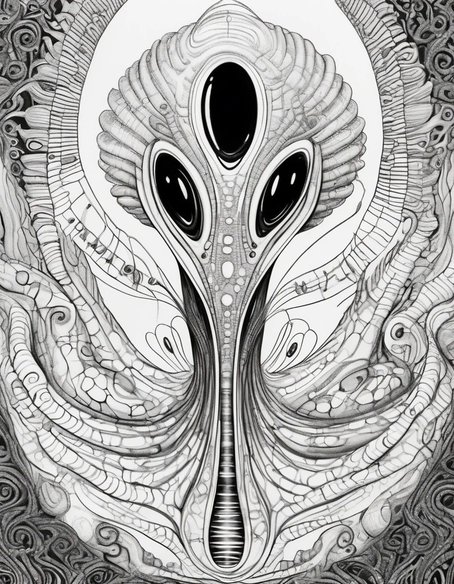 seraph style, a drawing of a mind control alien slug, Mesmerizing, hypnotic, Hypnosis Device, scientific diagram, spirals, High details, black latex slime, "