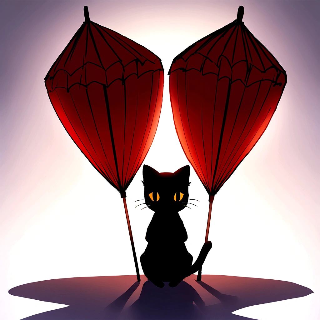 Best Quality 4K Black Cat Silhouette Red Umbrella Simple Backlit White Background