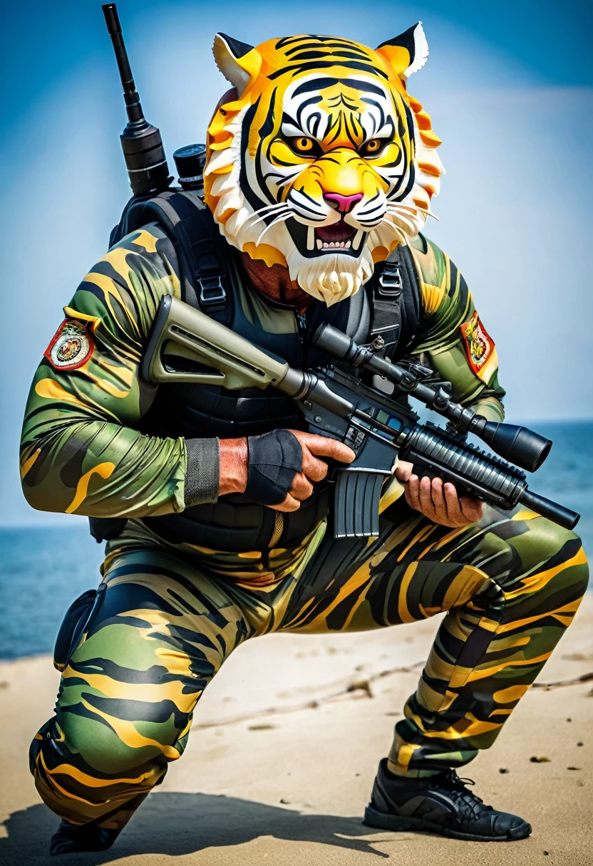 (a dark-skinned bearded fat muscular old man in a bulky army camouflage zipper diver suit), and (wearing realistic roaring tiger mask) crouching shooting with sniper rifle, muscular, Bruce Onobrakpeya, sumatraism, stanley artgermm, action, heroic, fierce, furious